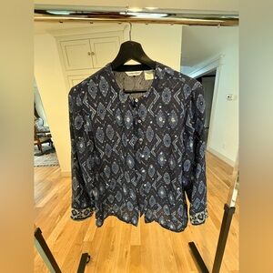 100% Silk Vintage Laura Ashley Navy and Light Blue Printed Button-Front Shirt